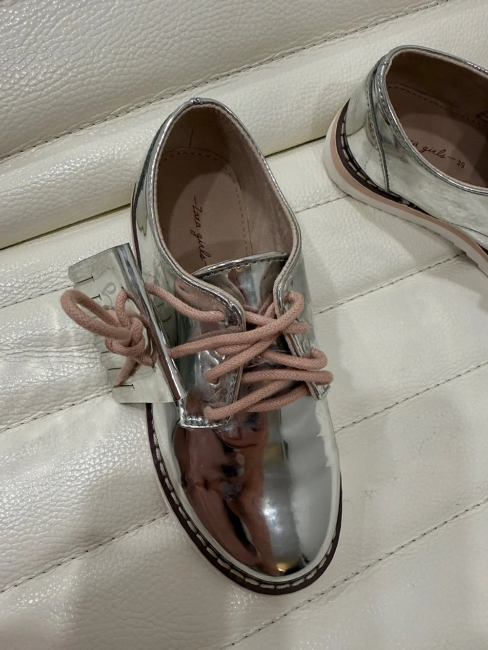 Zara Metallic Silver Girls' Fringe Lace-Up Moccasins with Pink Laces